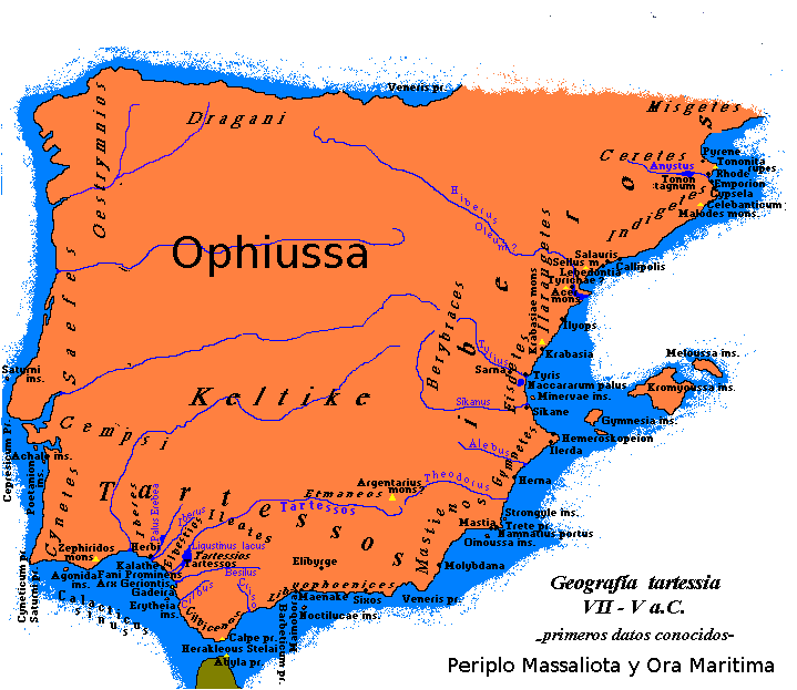 Mapa de Ophiussa, con datos de Periplo massaliota y Ora Marítima de Avieno